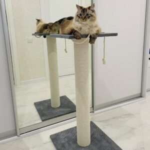 Когтеточка “Боня” с круглым столбиком, когтедралка с лежанкой для кота, из белого каната, 65/80/100см