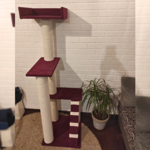 Трехэтажный игровой комплекс-когтеточка с полочками и лежанкой для котов, из белого каната 165*55*55см
