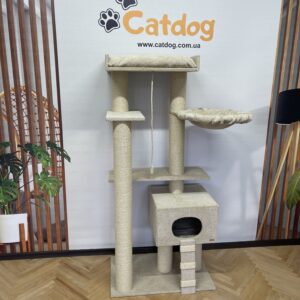 Игровой комплекс-когтеточка “Чарли” для больших котов, с домиком, с гамаком, для питомников, из сизали, 175*80*50см