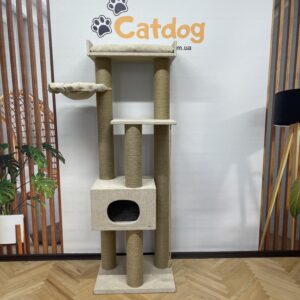 Кошачий комплекс когтеточка "Скай", 180см, с домом, многоуровневый, компактный, из джута, с гамаком,180*60*50см