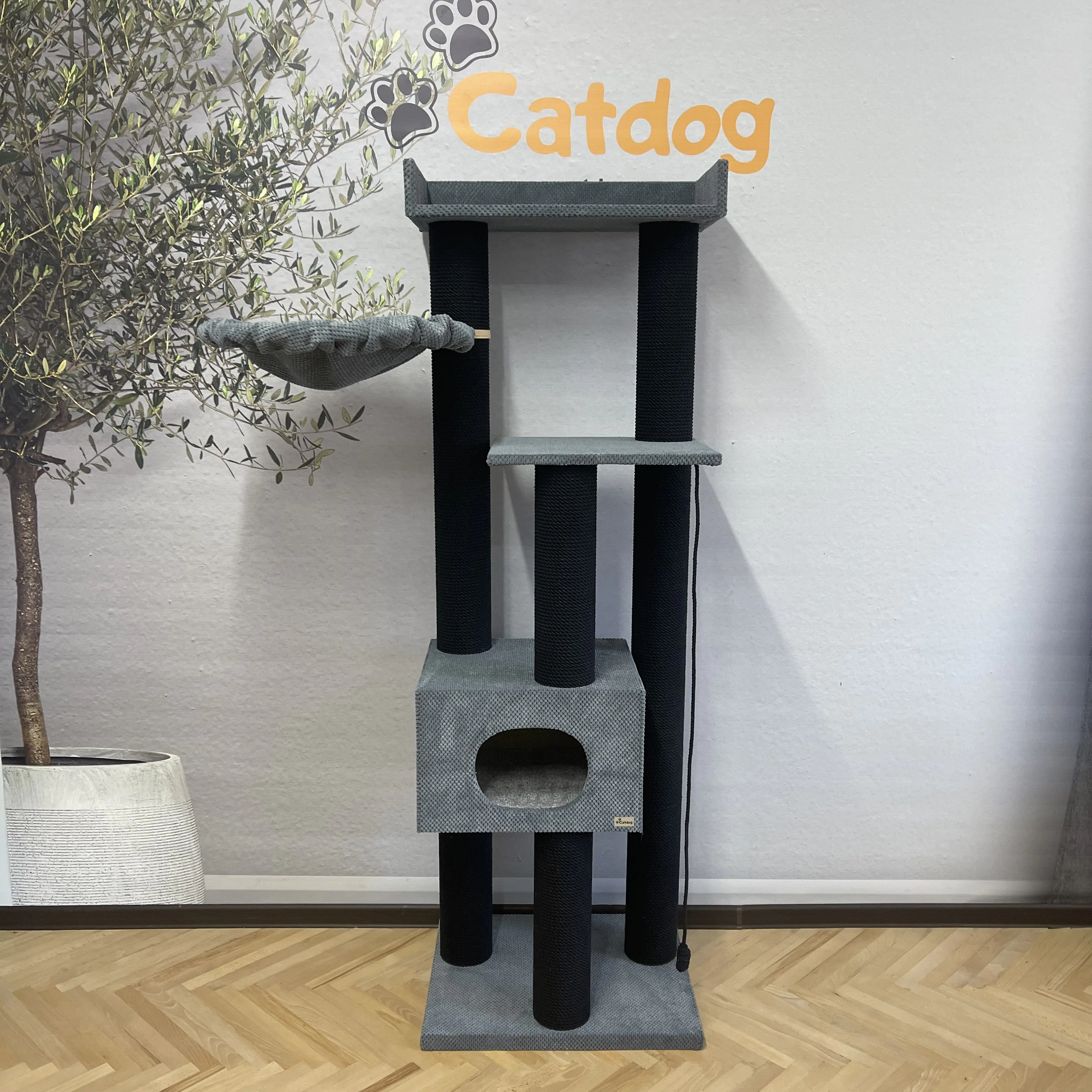 Кошачий комплекс когтеточка "Скай", 180см, с домом, многоуровневый, компактный, из черного каната, с гамаком,180*60*50см