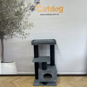 Когтеточка, игровой комплекс с домиком “ЛЕО”, когтедралка, из черного каната 115*60*40см