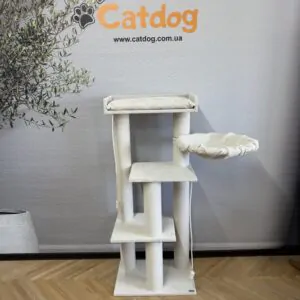 Котячий комплекс кігтеточка "Скай", багаторівневий, компактний, з білого канату, з гамаком,145*60*40см