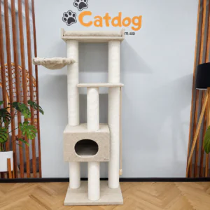 Котячий комплекс кігтеточка "Скай", 180см, з будинком, багаторівневий, компактний, з білого канату, з гамаком,180*60*50см