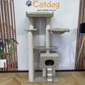 Ігровий комплекс-кігтеточка "Чарлі" для великих котів, з будинком, з гамаком, для розплідників, з білого канату, 175*80*50см